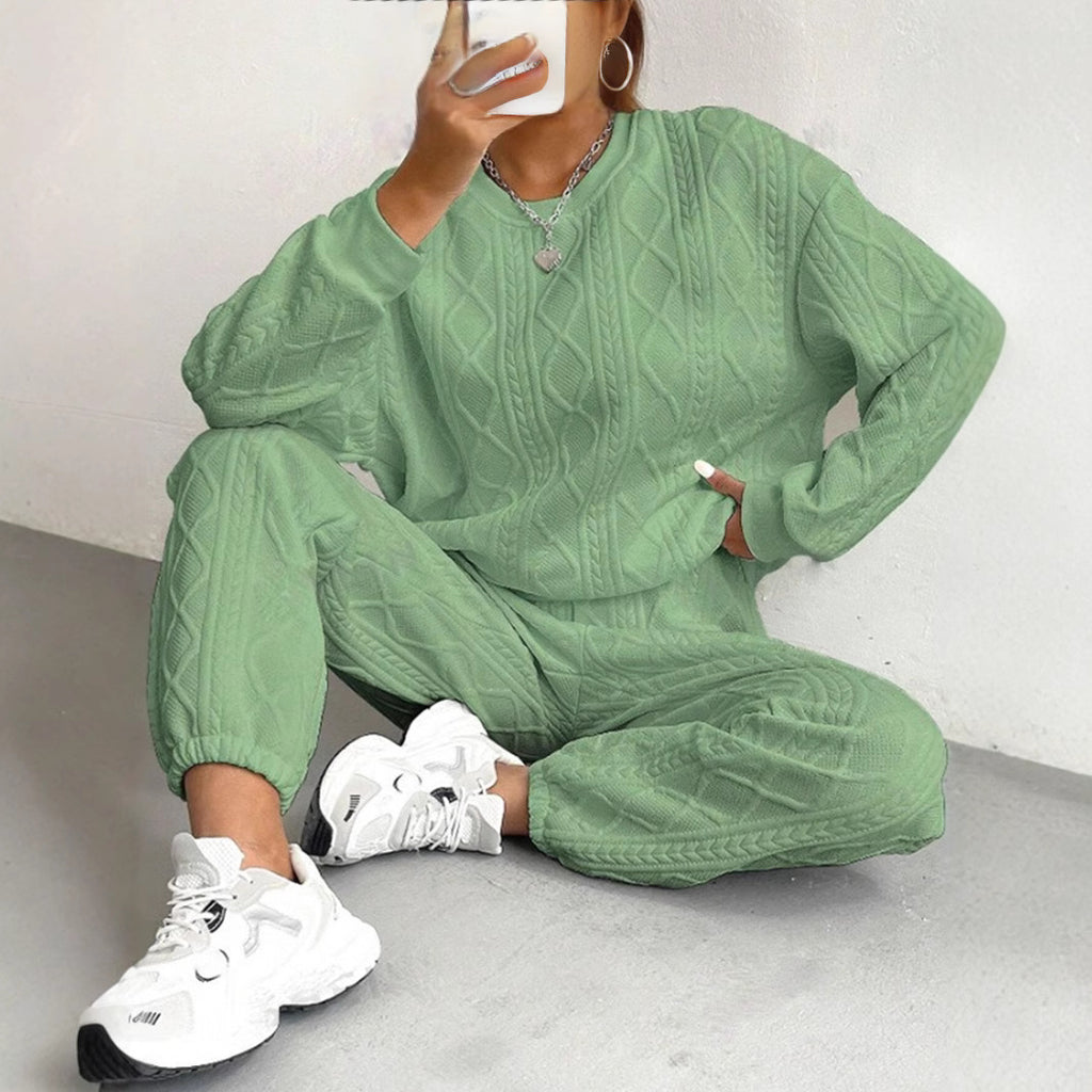 Spring And Autum Cross-Border European And American New Women's Clothing Twist Stitching Long-Sleeved Round Neck Top And Leggings Pants Two-Piece Set