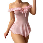 Mesh Ruffled Off-shoulder Strap Delicate Nightgown Set With Pants And Bra