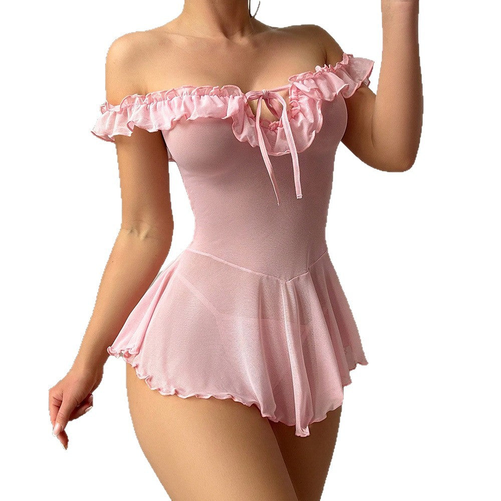 Mesh Ruffled Off-shoulder Strap Delicate Nightgown Set With Pants And Bra