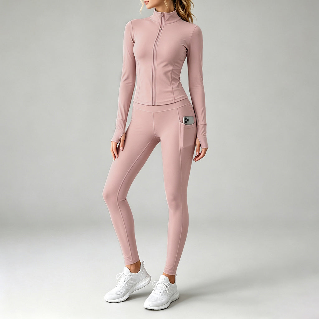 2026 Fall New Stand Collar Zipper Yoga Outfit For Women, Long Sleeve Two-Piece Set With Pockets And Peach Hip-Enhancing Fitness Pants