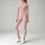 2026 Fall New Stand Collar Zipper Yoga Outfit For Women, Long Sleeve Two-Piece Set With Pockets And Peach Hip-Enhancing Fitness Pants