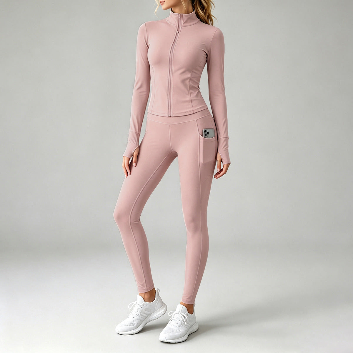2026 Fall New Stand Collar Zipper Yoga Outfit For Women, Long Sleeve Two-Piece Set With Pockets And Peach Hip-Enhancing Fitness Pants