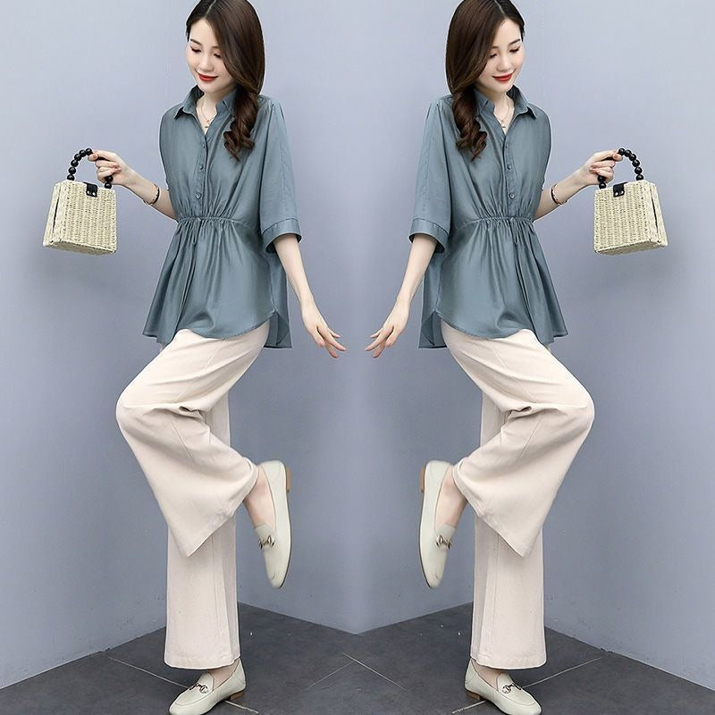 Casual Chic Plus-size Wide-leg Pants Linen Two-piece Set With A Flowing Drape