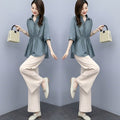 Casual Chic Plus-size Wide-leg Pants Linen Two-piece Set With A Flowing Drape