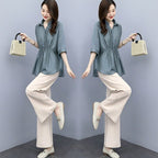 Casual Chic Plus-size Wide-leg Pants Linen Two-piece Set With A Flowing Drape