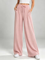 New European And American Style Drawstring Elastic Waist Loose Casual Solid Color Drapey Straight Wide-leg Long Pants For Women