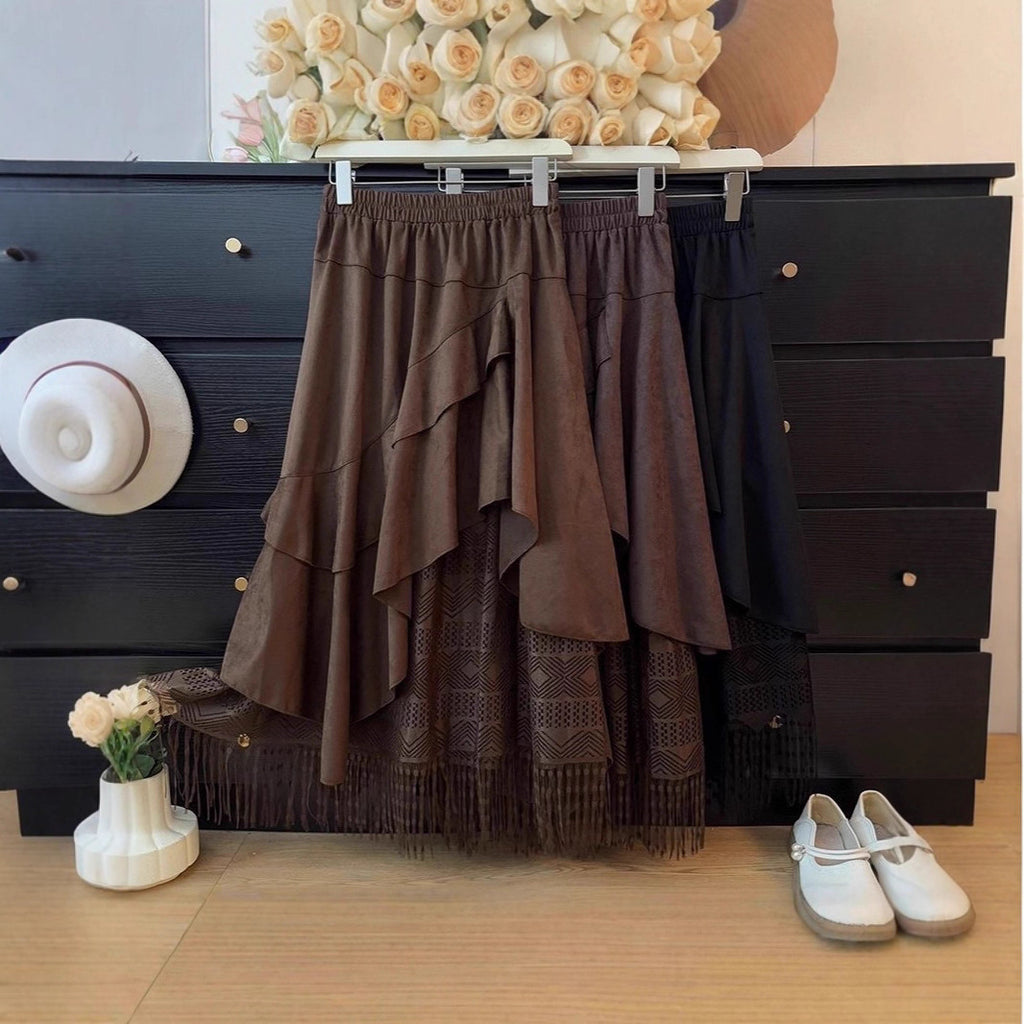 New AutumnWinter Irregular Ruffled Hem Vintage Suede And Lace Patchwork Womens Skirt