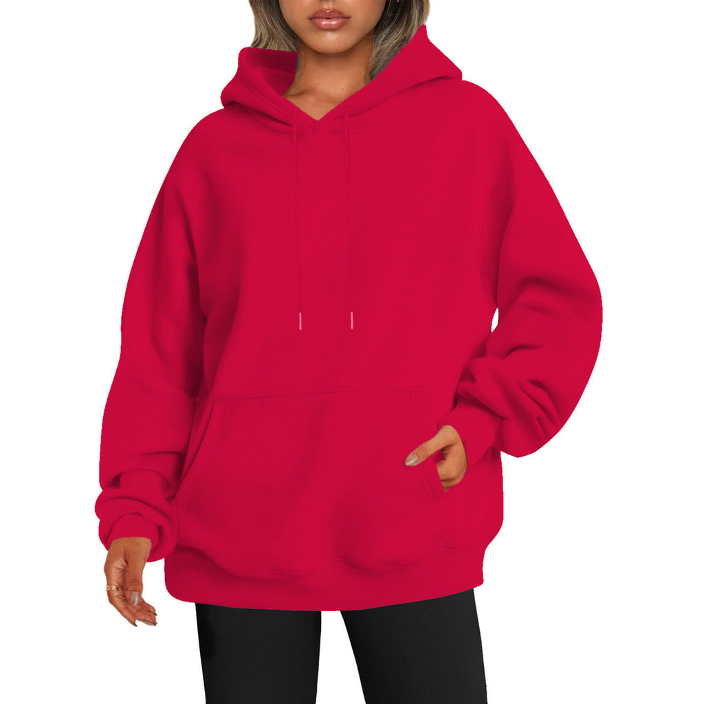 Women's Solid-color Loose-fit Drop-shoulder Hooded Sweatshirt