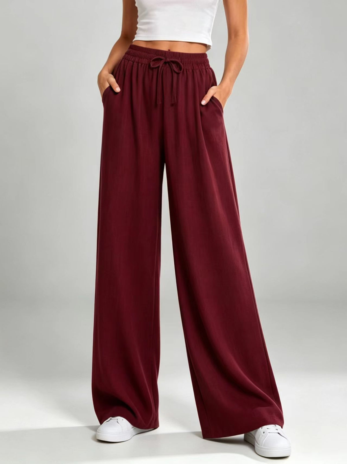 New European And American Style Drawstring Elastic Waist Loose Casual Solid Color Drapey Straight Wide-leg Long Pants For Women