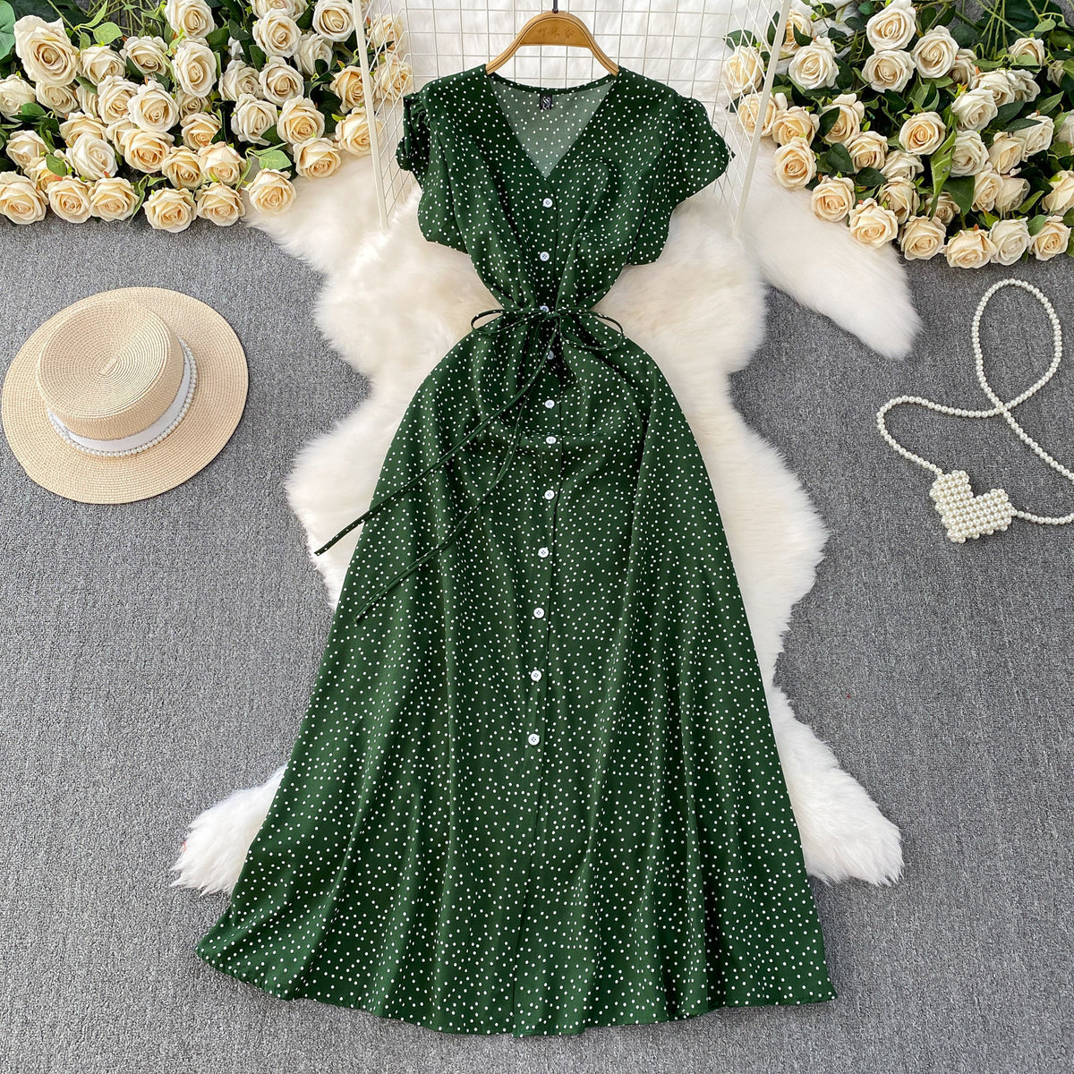 Womens Solid-Color Polka-Dot V-Neck Short-Sleeve Dress
