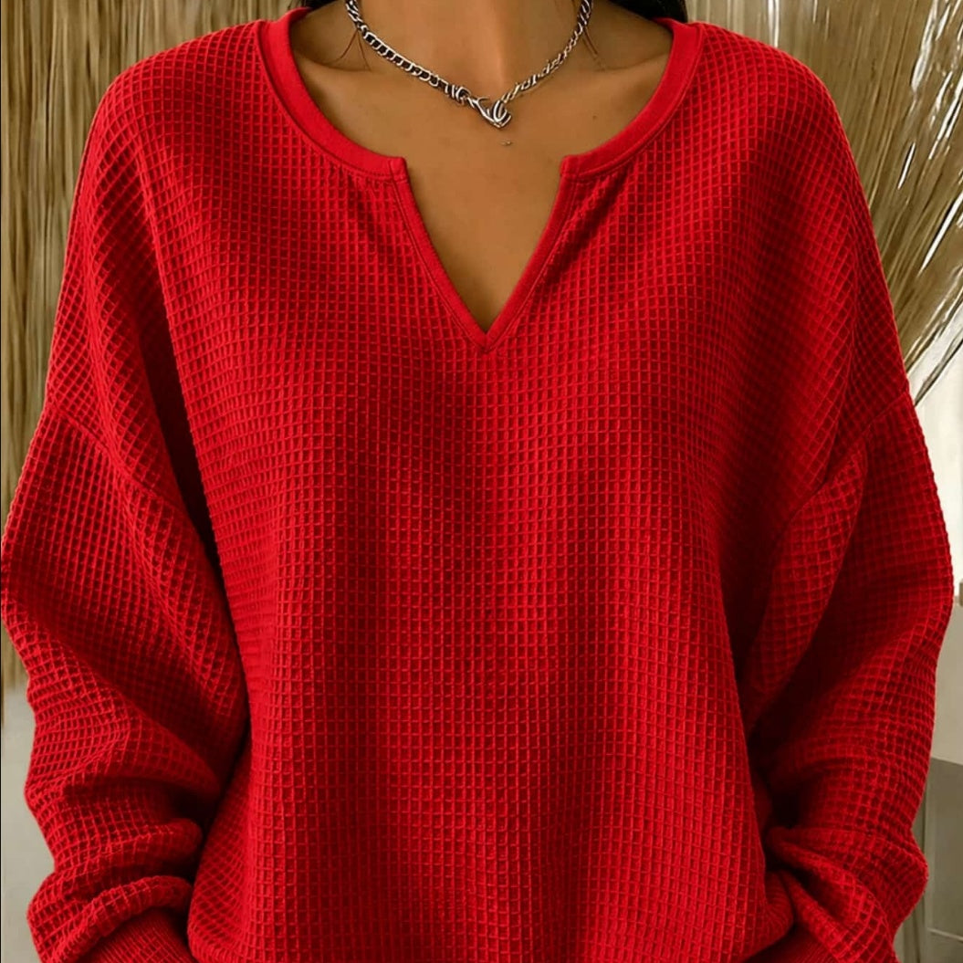 Women's Casual Loose-fit Waffle-knit Long-sleeve T-shirt