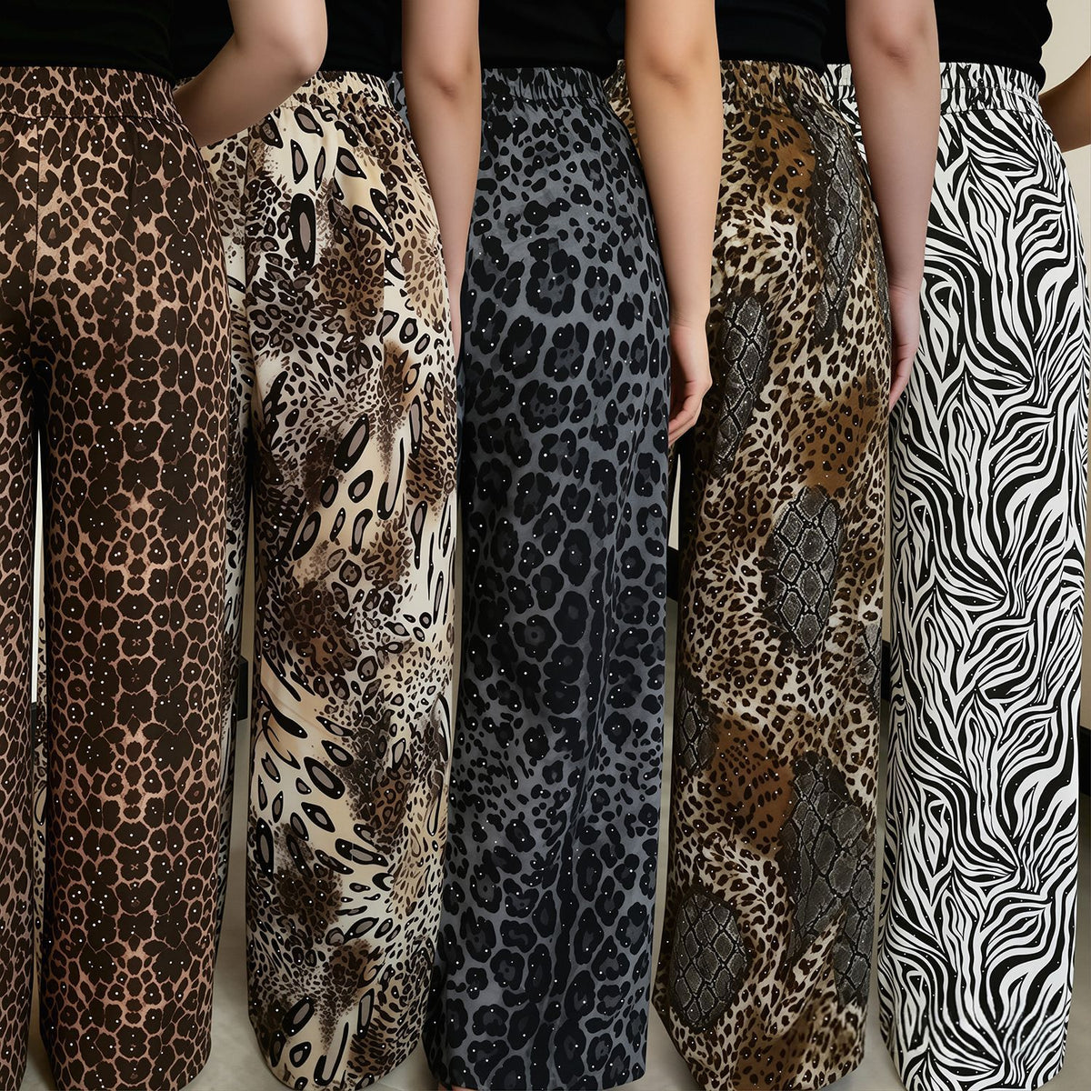 C7768 Cross-border 2026 New Women's Fashion Rhinestone Drawstring Loose Wide-Leg Pants Vintage Animal Print Casual Trousers