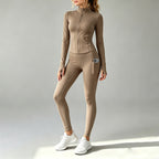 2026 Fall New Stand Collar Zipper Yoga Outfit For Women, Long Sleeve Two-Piece Set With Pockets And Peach Hip-Enhancing Fitness Pants