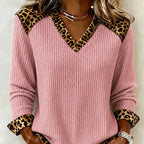 Womens Long-Sleeved Leopard-Print Patchwork V-Neck Knit Sweater