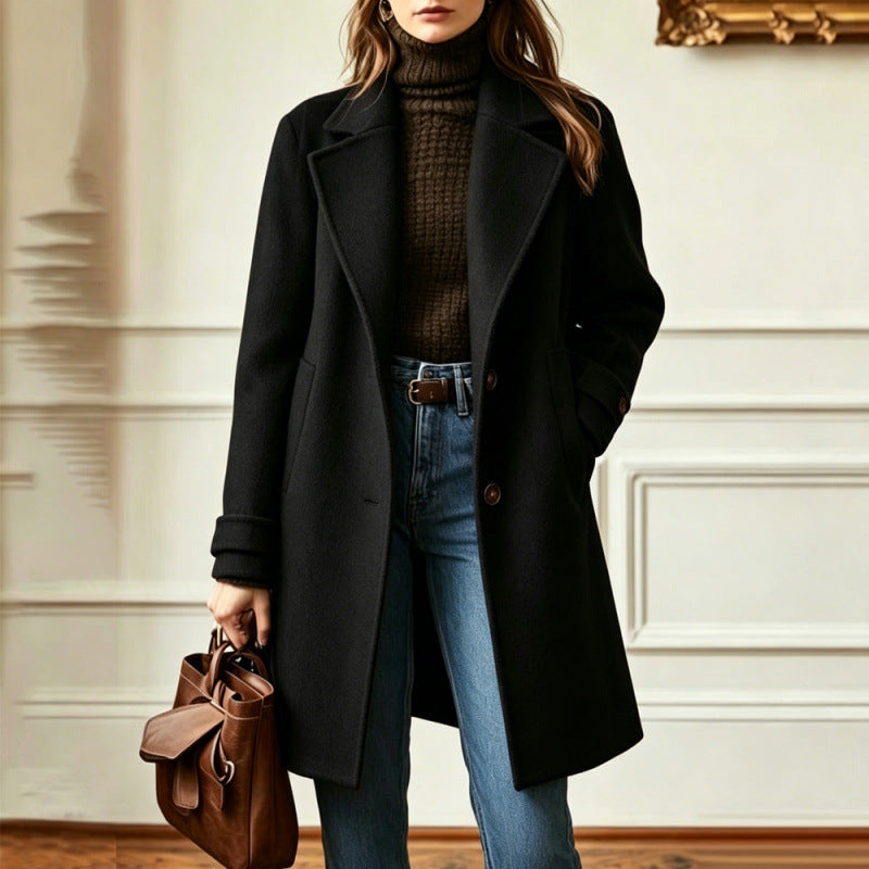 Cross-Border 2026 Autumn And Winter New Retro Casual Style Mid-Length Lapel Coat Women's Woolen Coat