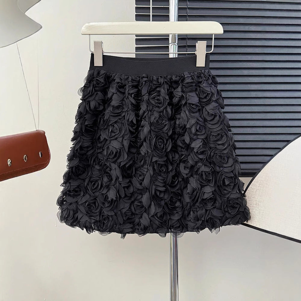 White High-waisted Three-dimensional Rose-decorated Feminine Skirt