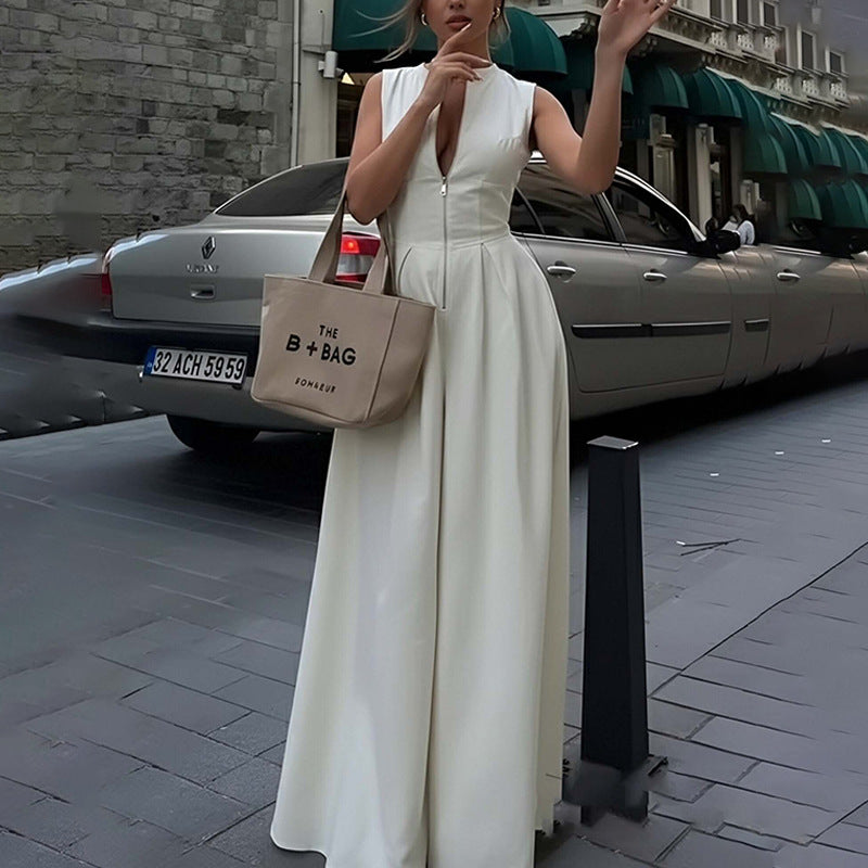 New Summer Women's Clothing Cross-Border European And American Style Jumpsuit Fashion Casual Solid Color Loose Wide-Leg Jumpsuit Pants