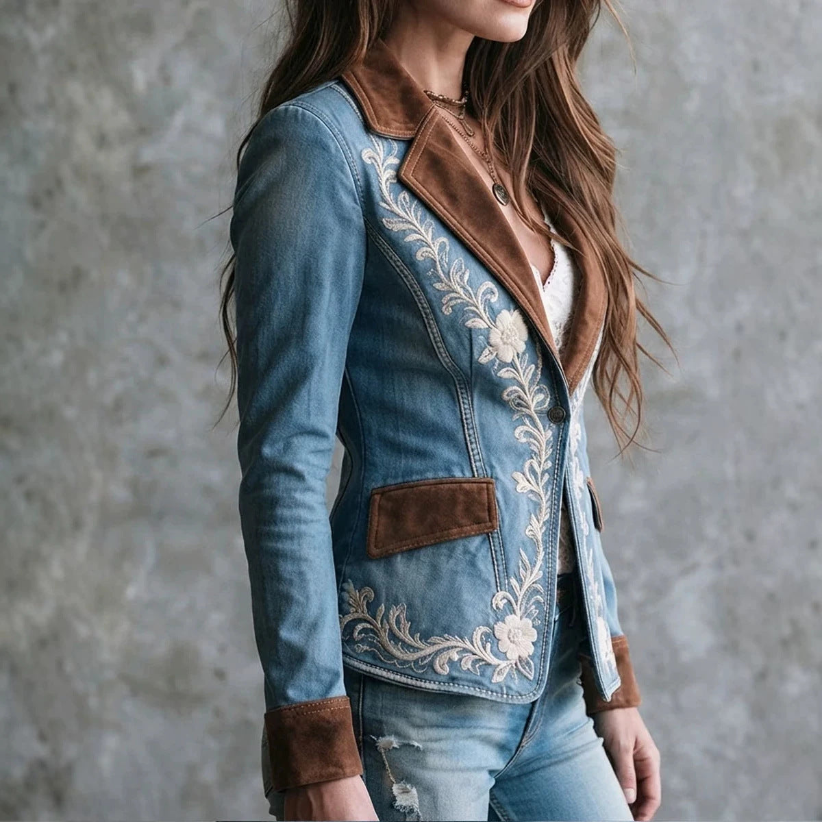 Notch-collar Suede Patchwork Floral-print Blazer