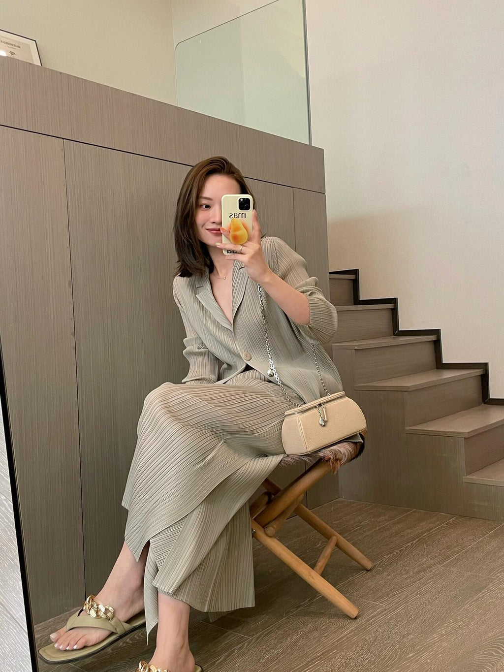 Women Pleated Cardigan Set Minimalist Casual Two Piece Outfit Long Sleeve Jacket And Pants Suit