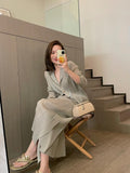 Women Pleated Cardigan Set Minimalist Casual Two Piece Outfit Long Sleeve Jacket And Pants Suit