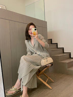 Women Pleated Cardigan Set Minimalist Casual Two Piece Outfit Long Sleeve Jacket And Pants Suit