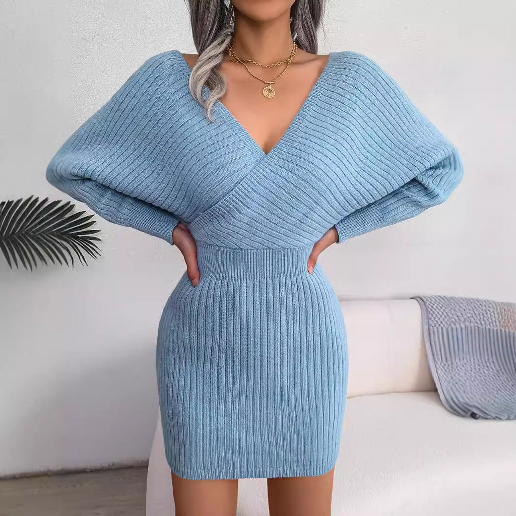 2026 Autumn Winter Sexy Cross V Neck Bat Skirt With Hip Wrapping, Hairy Dress