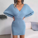 2026 Autumn Winter Sexy Cross V Neck Bat Skirt With Hip Wrapping, Hairy Dress