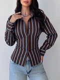 Autumn New Style Contrast Color Vertical Stripe Slim-Fit Shirt For Women, European And American Style Long Sleeve Slimming Commuter Top For Ladies