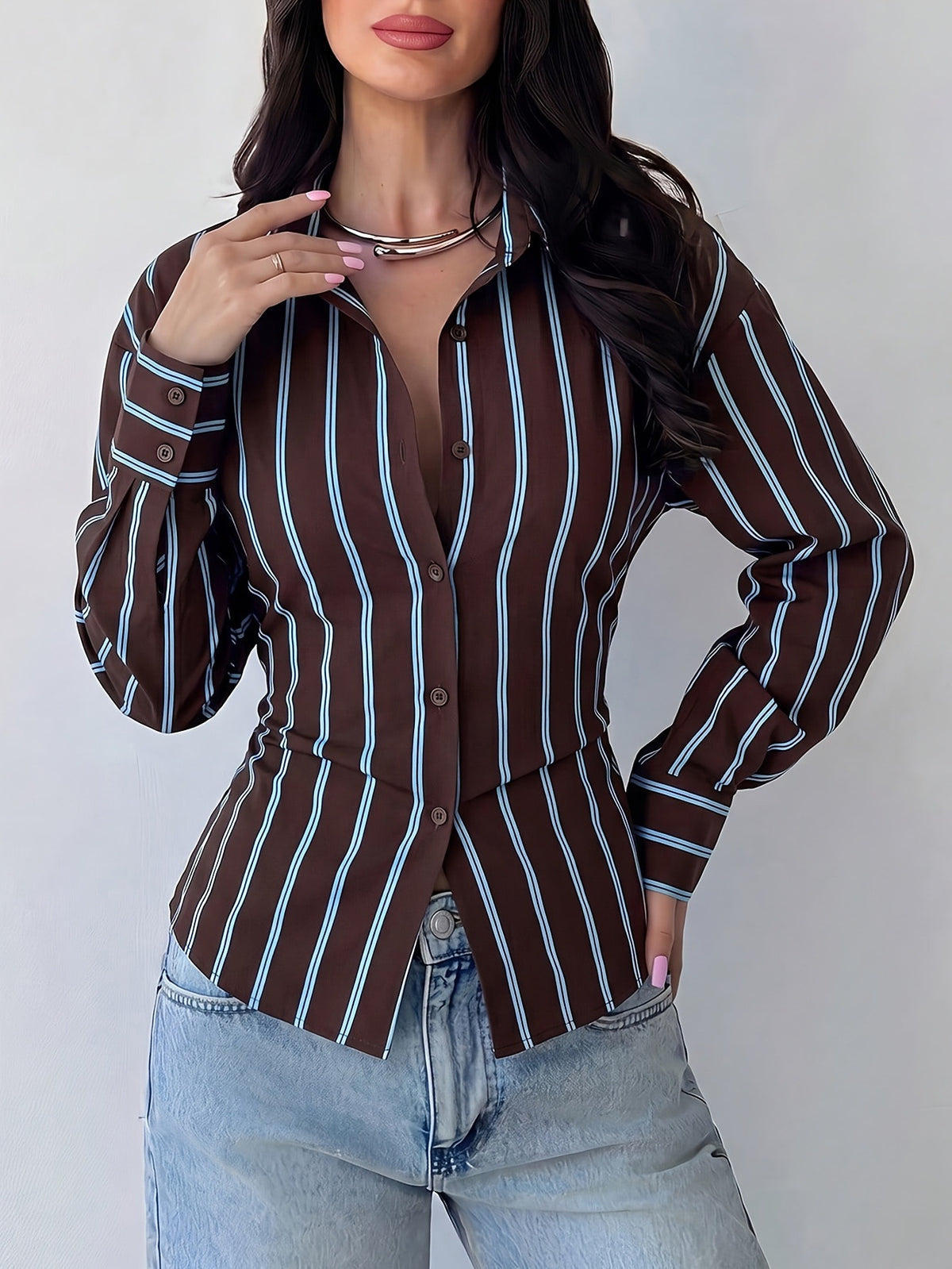 Autumn New Style Contrast Color Vertical Stripe Slim-Fit Shirt For Women, European And American Style Long Sleeve Slimming Commuter Top For Ladies