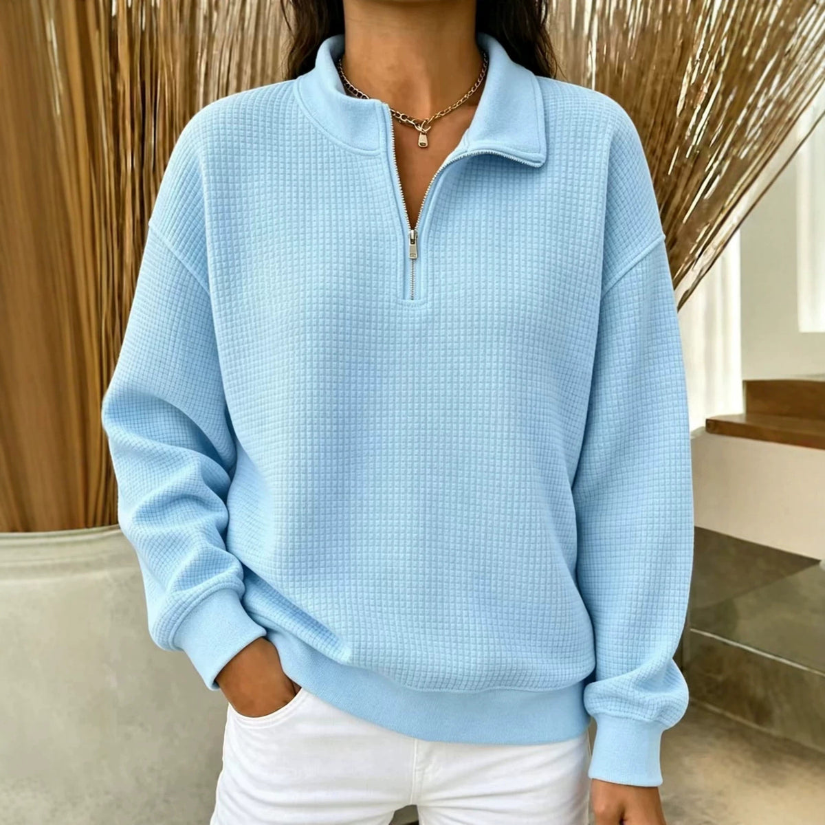 Solid Color Stand Collar Long-sleeve Zipper Stitching Women's Sweater