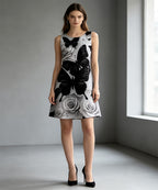 Women Sleeveless A-Line Mini Dress, Black Butterfly & White Rose Print Round Neck Casual Dress