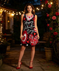 Women Sleeveless A-Line Dress, Heart & Bow Print Round Neck Casual Mini Dress