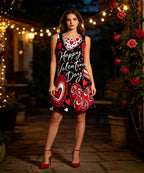 Women Sleeveless A-Line Dress, Heart & Bow Print Round Neck Casual Mini Dress