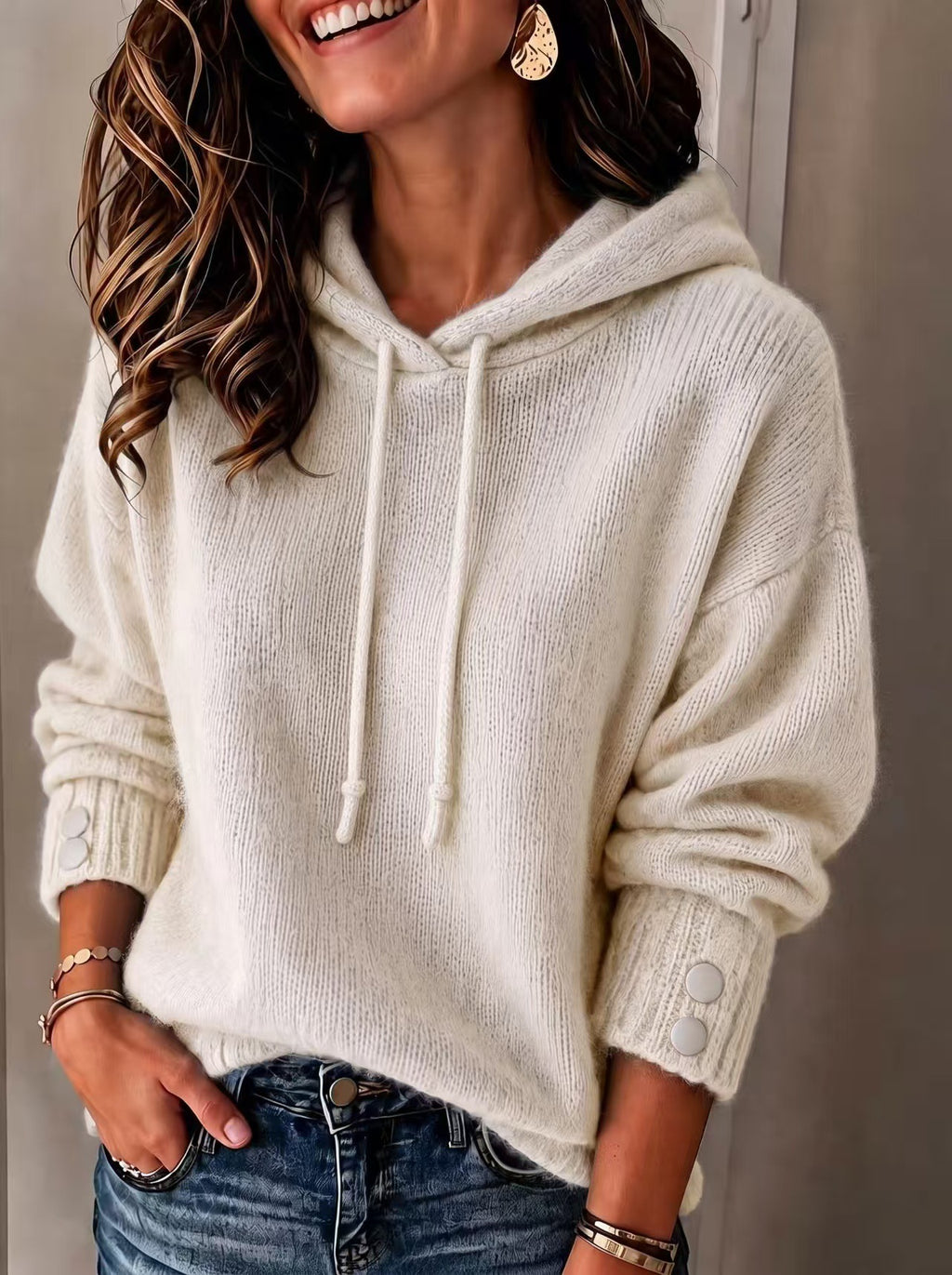Women's Hooded Drawstring Sweatshirt Loose-fit Sweater