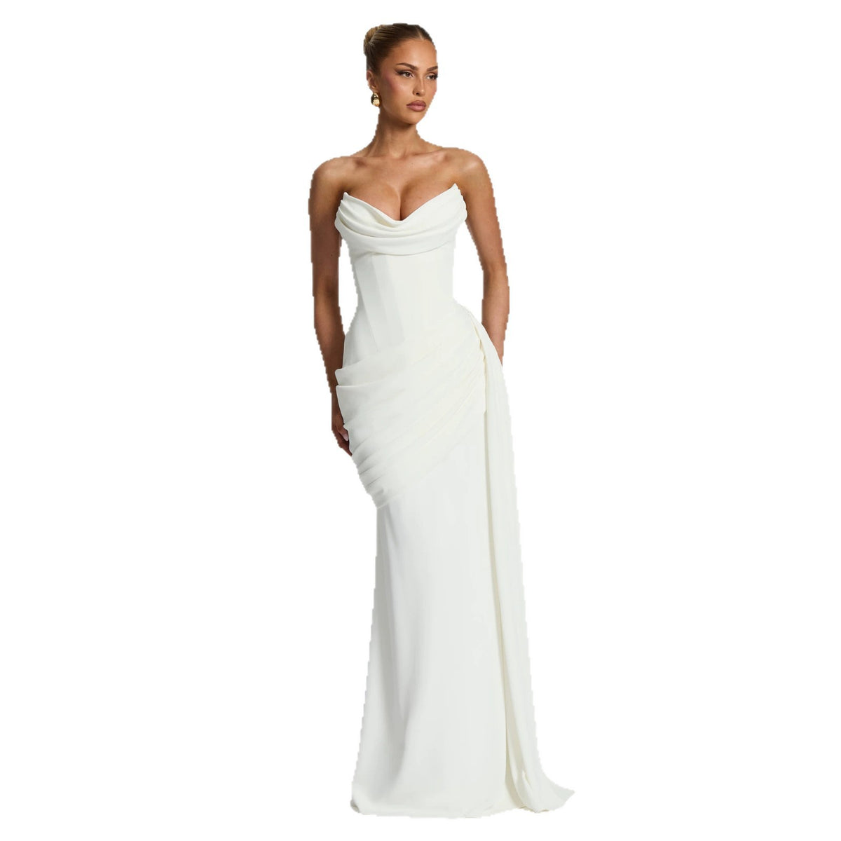 Women's Solid-color Strapless Pleated Maxi Bodycon Dress