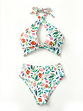Women Tropical Floral Print Halter Bikini Set, Criss Cross Keyhole Neck High Cut Two Piece Swimsuit Beach Bathing Suit