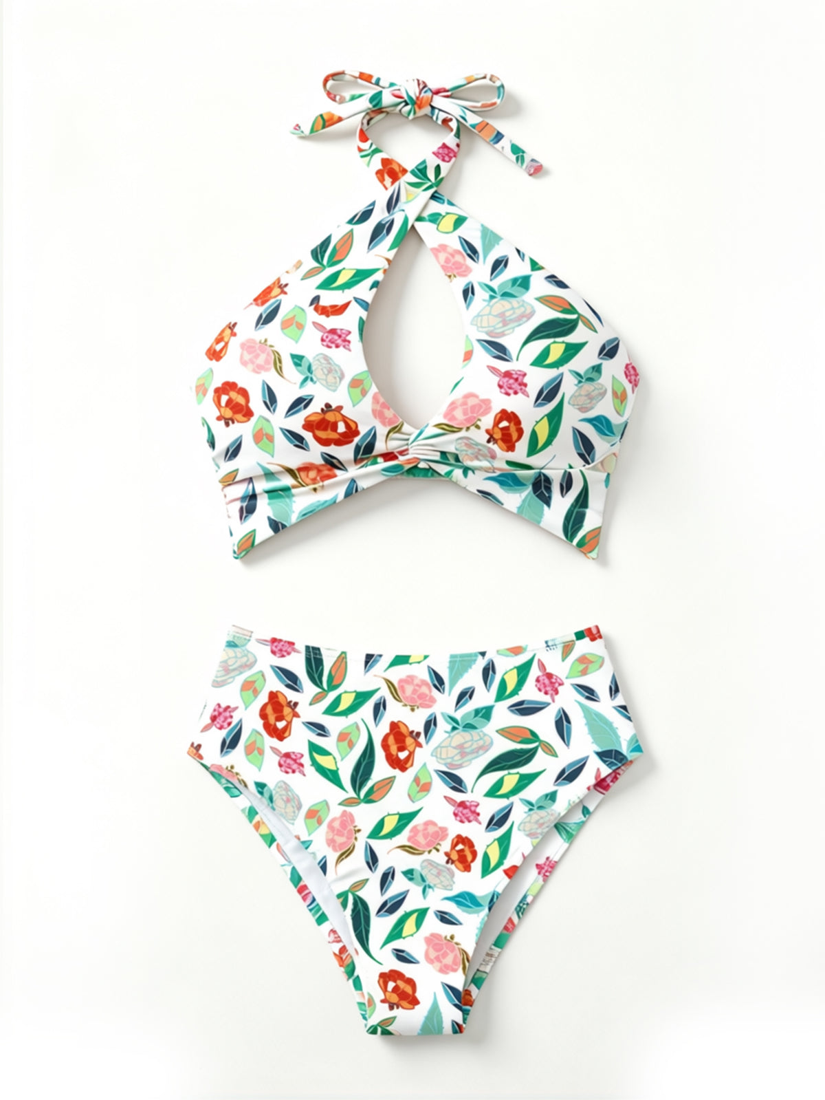 Women Tropical Floral Print Halter Bikini Set, Criss Cross Keyhole Neck High Cut Two Piece Swimsuit Beach Bathing Suit