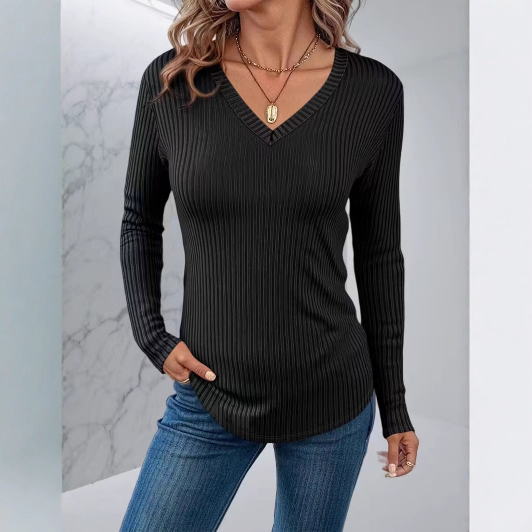 Solid-color Long-sleeved Casual V-neck Elegant Blouse