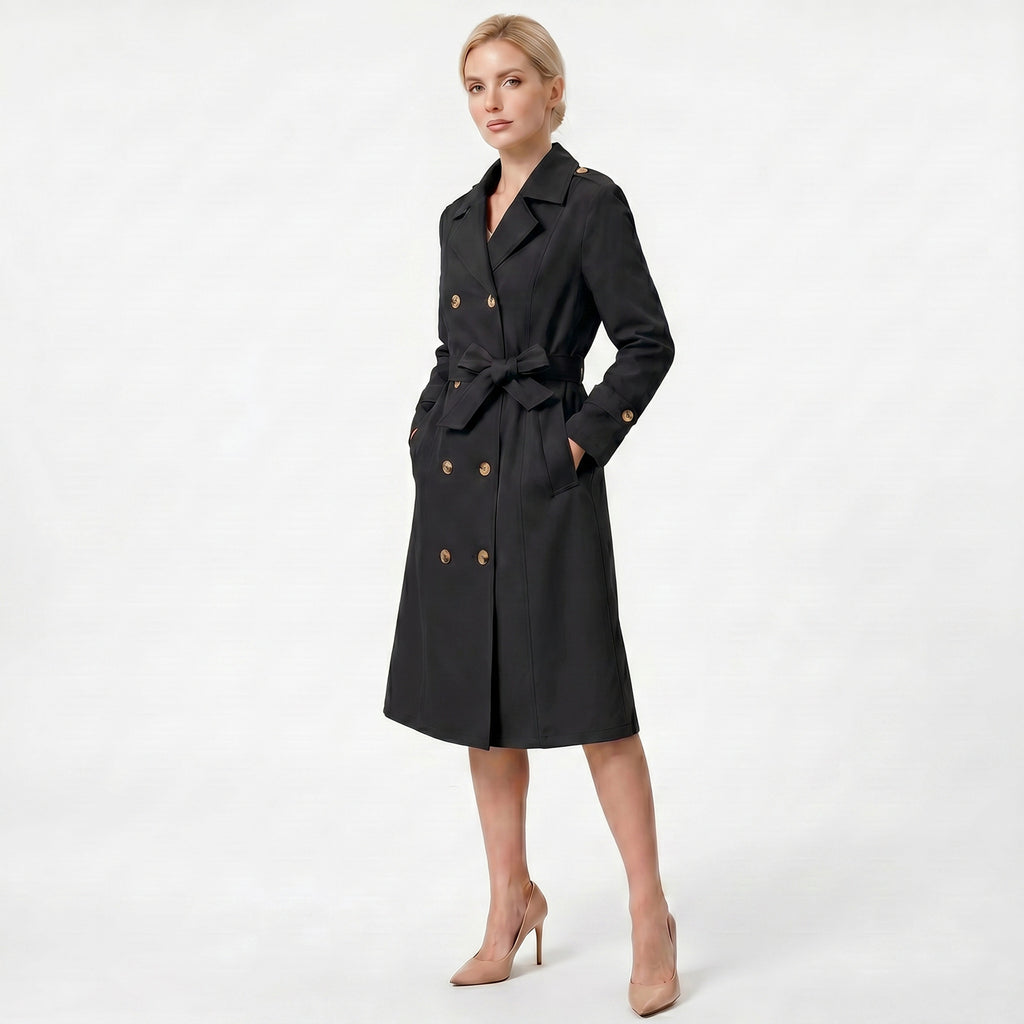 Casual Waist Cinching Trench Coat For Fall Winter, Elegant Long Women Outerwear With Double Breasted Design, Model