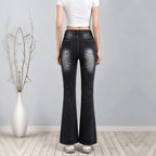 High Waist Distressed Flare Jeans For Women, Faded Black Ripped Stretch Denim Bell Bottom Trousers