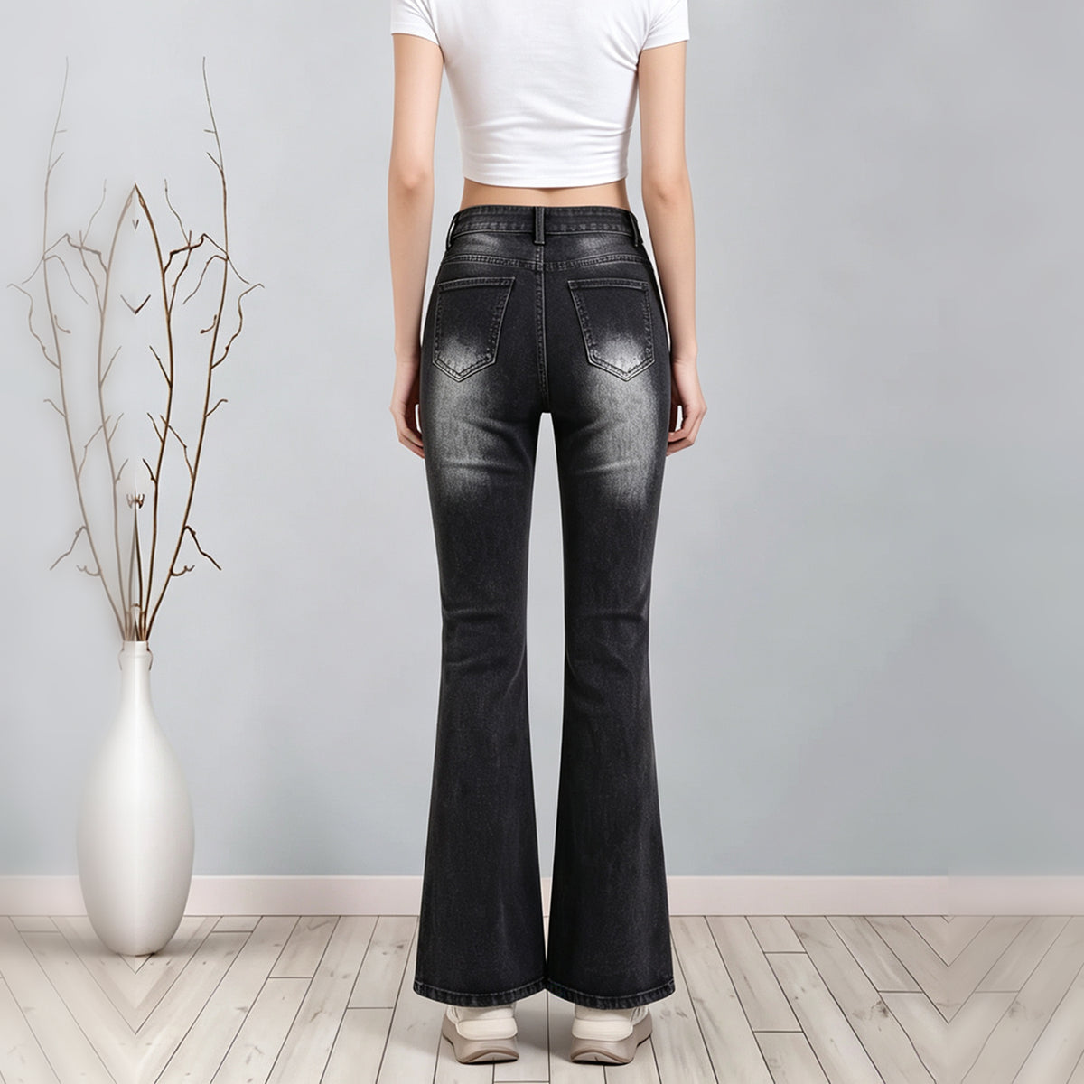 High Waist Distressed Flare Jeans For Women, Faded Black Ripped Stretch Denim Bell Bottom Trousers