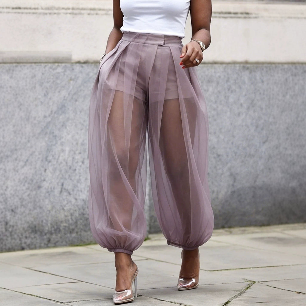 2026 European And American Cross-Border Summer New Style Semi-Transparent Mesh Solid Color Patchwork Loose Semi-Transparent Lantern Pants
