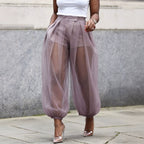 2026 European And American Cross-Border Summer New Style Semi-Transparent Mesh Solid Color Patchwork Loose Semi-Transparent Lantern Pants