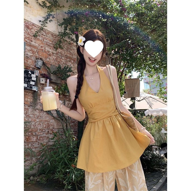 Yellow Halter-top And Waist-cinching Wide-leg Pants Summer Two-piece Set