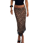 Low-rise Figure-flattering Mid-length Skirt With Lace Paneling And Leopard Print