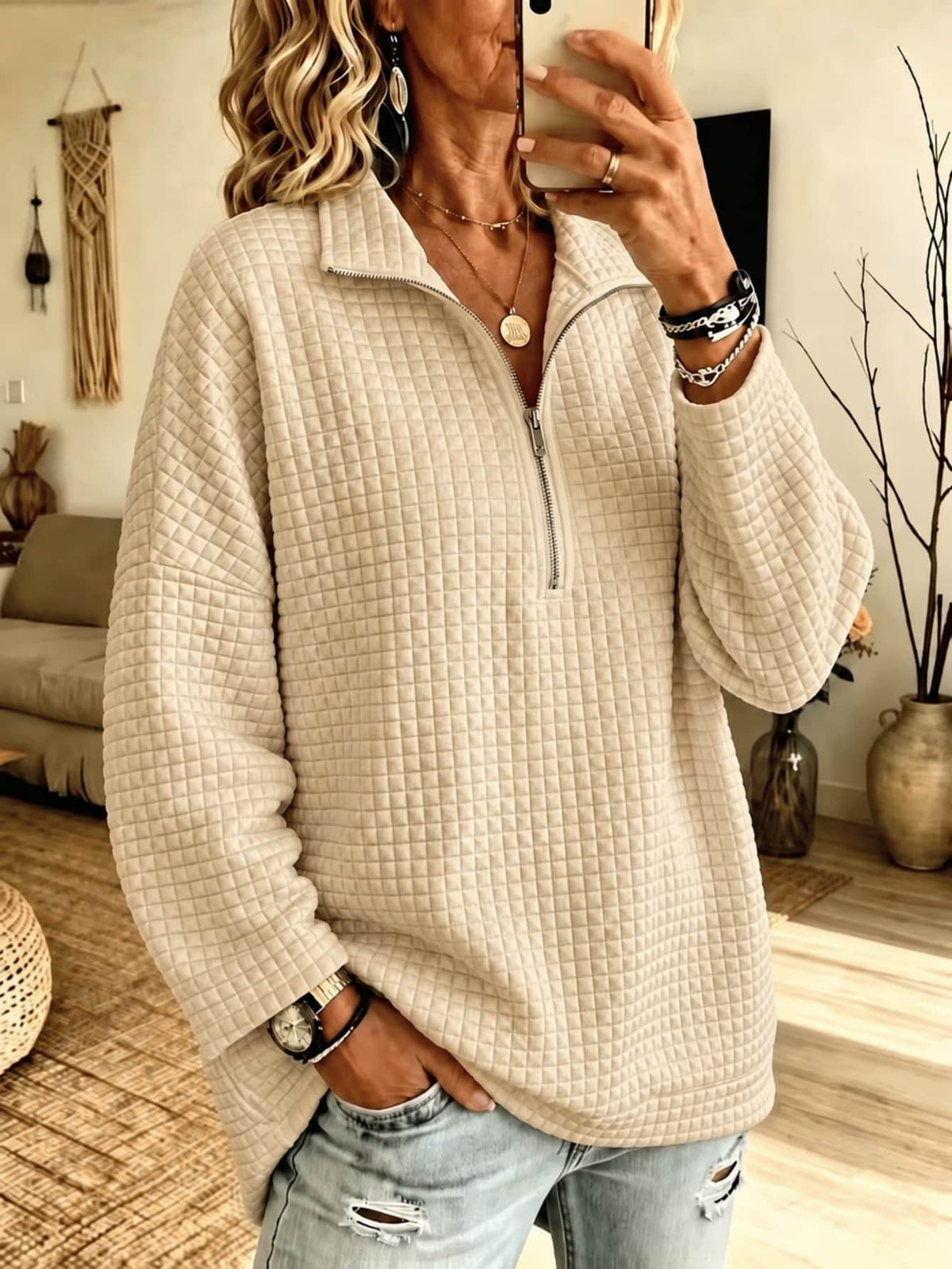 Waffle Zipper Long Sleeved Shirt