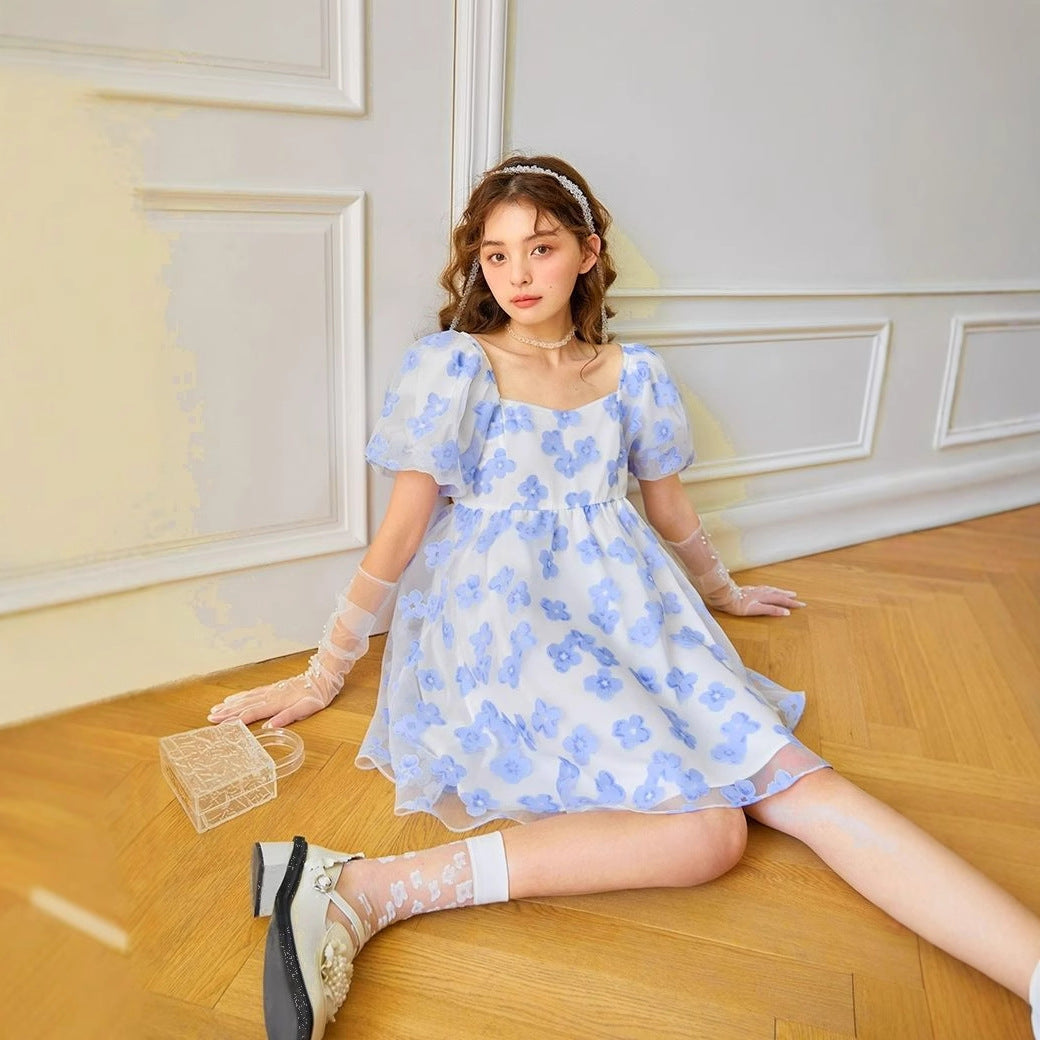 New Puff-sleeve Floral Midi Dress