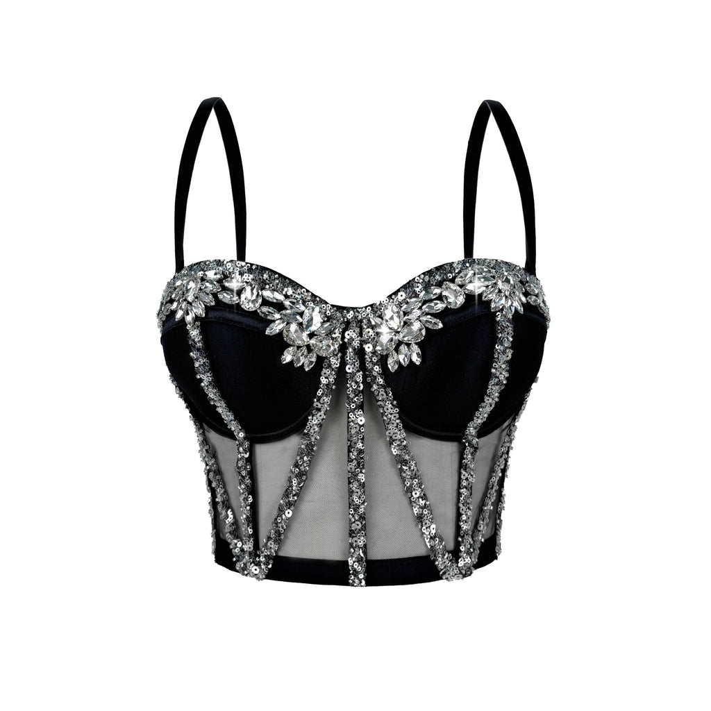 Cross-Border Rhinestone Mesh Fishbone Bra Semi-Transparent Sexy Slimming Suspender Tube Top Slimming Diamond Fishbone Top Stage