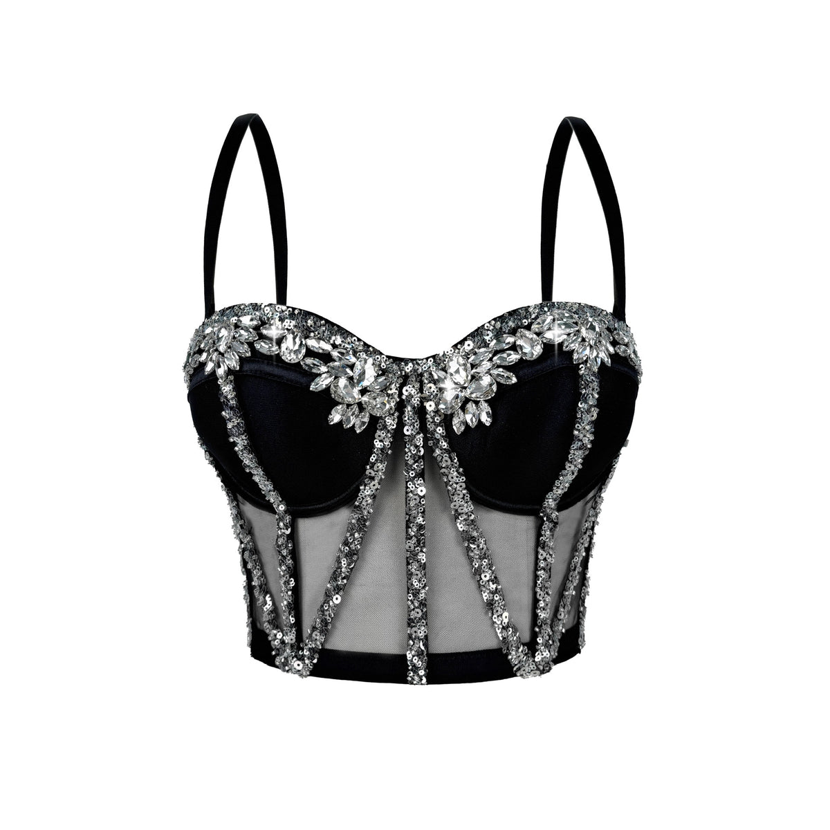 Cross-Border Rhinestone Mesh Fishbone Bra Semi-Transparent Sexy Slimming Suspender Tube Top Slimming Diamond Fishbone Top Stage