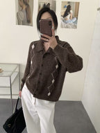 Women's Korean-style Vintage Argyle Collared Knit Cardigan, 2026 Autumn-Winter New Arrival, Soft Loose Lazy-Style Sweater Coat